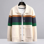 Striped varsity knit jacket with button front, studio front view