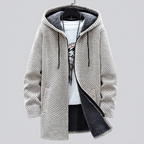 Beige wool blend jacket, fleece lined zip-up, studio front view