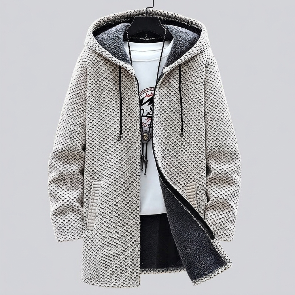Beige wool blend jacket, fleece lined zip-up, studio front view