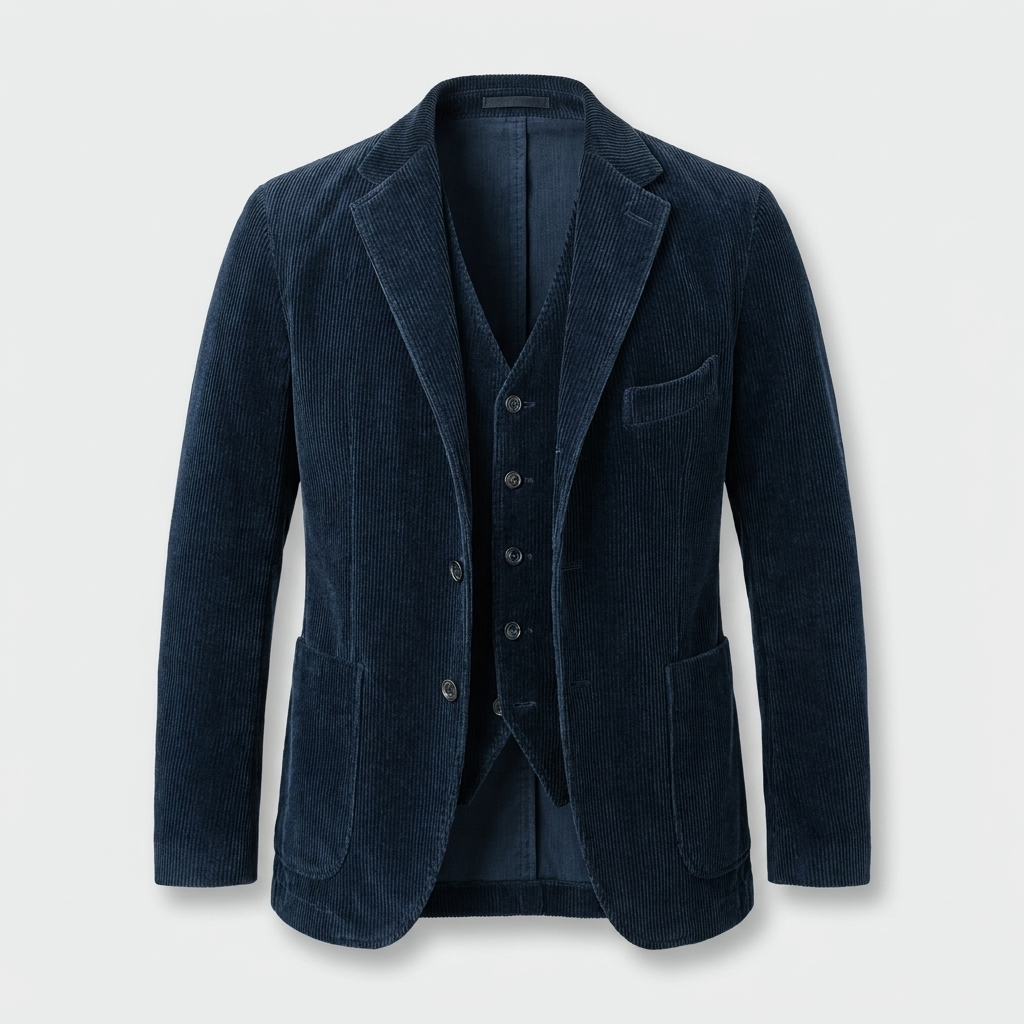 Blue blazer and vest set, tailored two-piece, studio front view