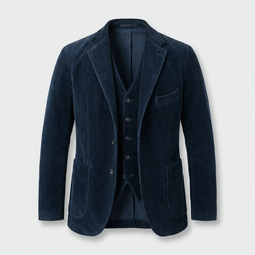 Blue blazer and vest set, tailored two-piece, studio front view