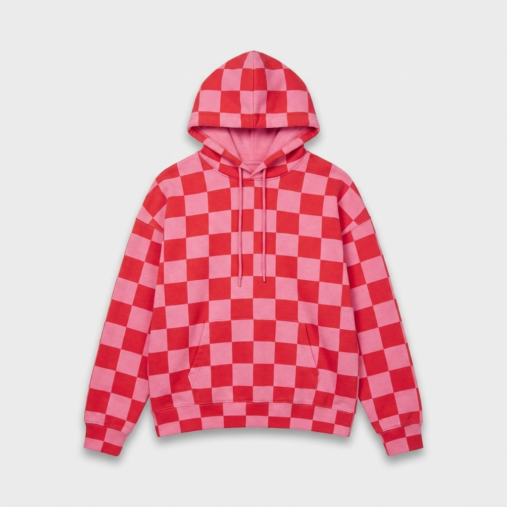 Pink and red checkered hoodie, oversized fit, studio front view