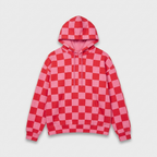Pink and red checkered hoodie, oversized fit, studio front view