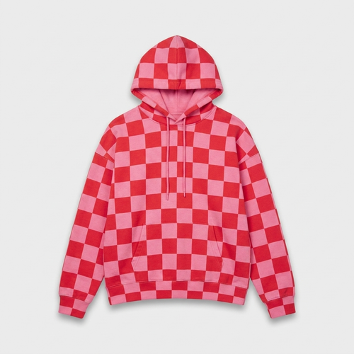 Pink and red checkered hoodie, oversized fit, studio front view