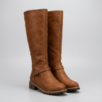 Brown comfort boots, removable footbed and non-slip sole, studio front view