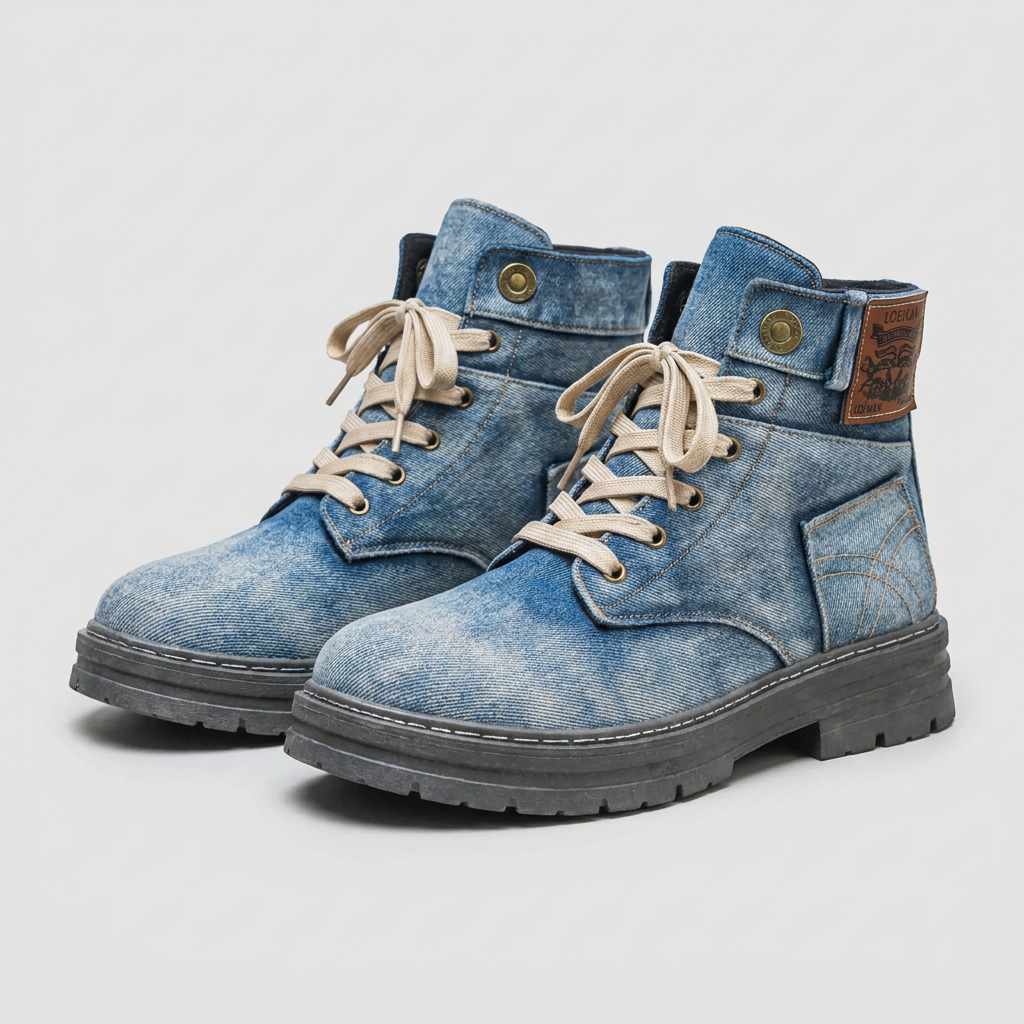 Blue denim boots, lace-up with anti-slip sole, studio front view