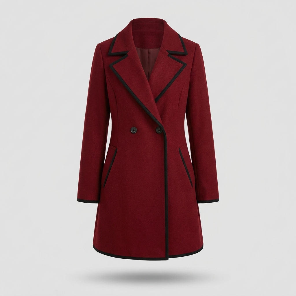 Double-breasted coat with contrast trim, relaxed fit, studio front view