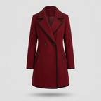 Double-breasted coat with contrast trim, relaxed fit, studio front view