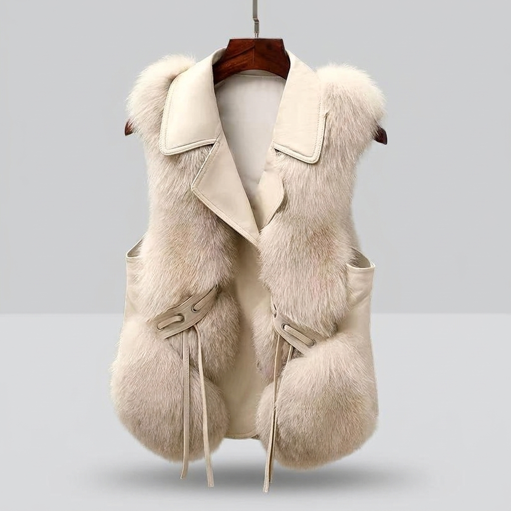 Ivory cream faux-fur gilet, oversized lapel and belted waist, studio front view
