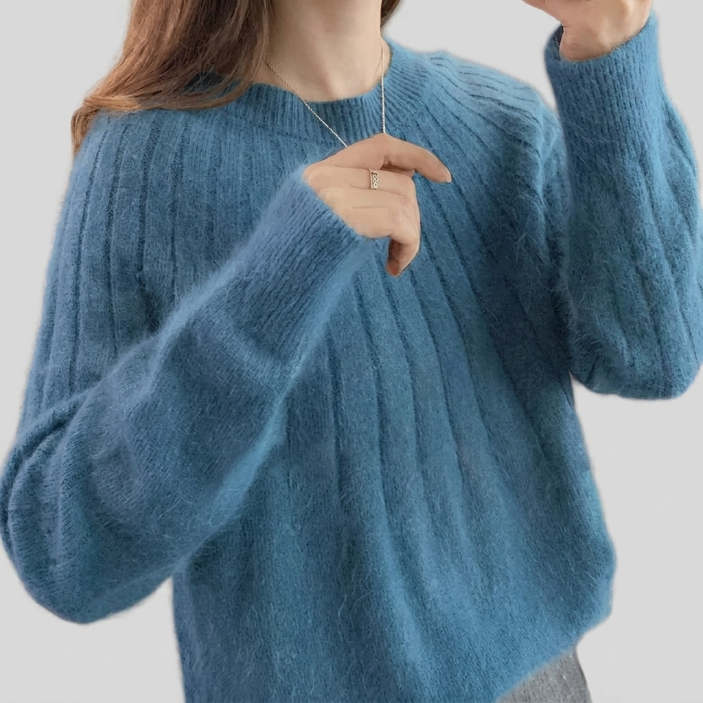 Blue soft knit sweater, warm winter layering piece, studio front view