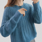 Blue soft knit sweater, warm winter layering piece, studio front view