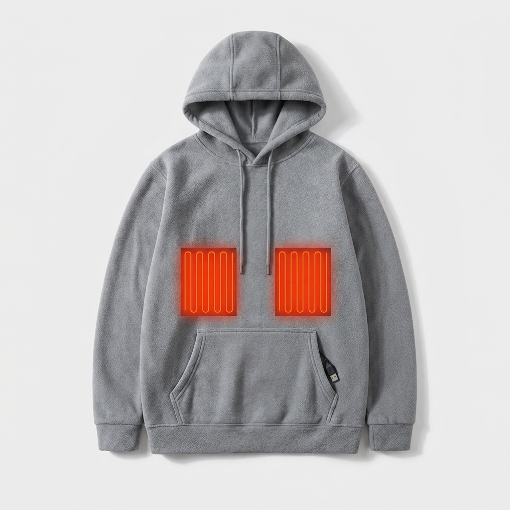 Grey heated hoodie, three heat settings with USB power, studio front view