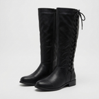 Black knee high boots, leather-look with block heel, studio front view