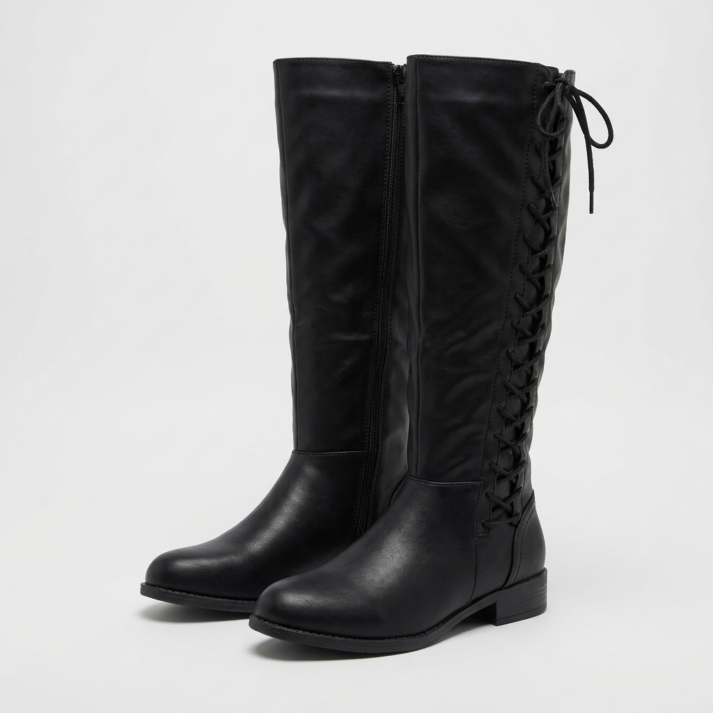 Black knee high boots, leather-look with block heel, studio front view