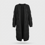 Black longline open cardigan, textured knit, studio front view
