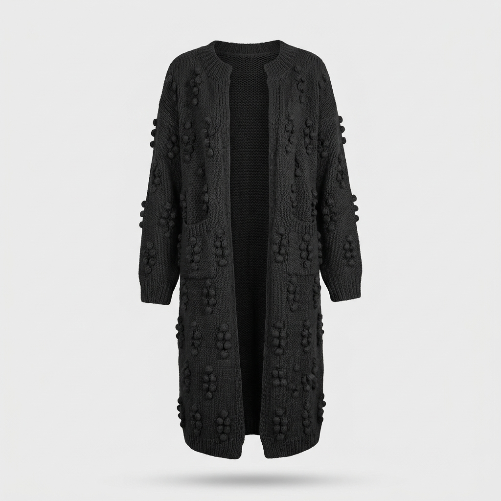 Black longline open cardigan, textured knit, studio front view