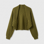 Open front shrug sweater, stretch knit, studio front view