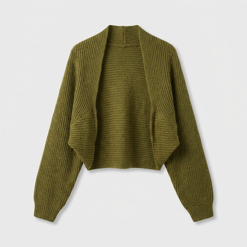 Open front shrug sweater, stretch knit, studio front view