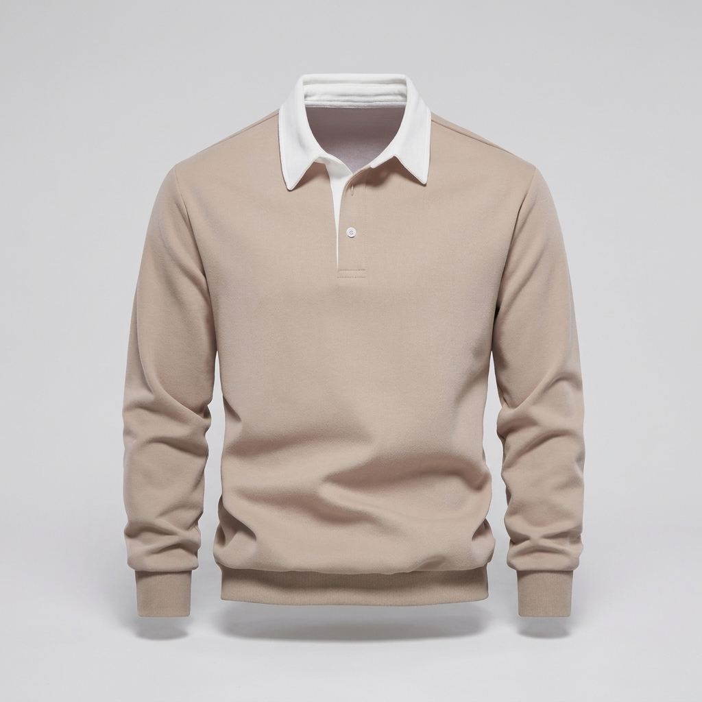 Khaki polo collar sweatshirt, long sleeve button placket, studio front view