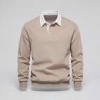 Khaki polo collar sweatshirt, long sleeve button placket, studio front view