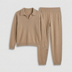 Camel polo knit set, two-piece loungewear, studio front view