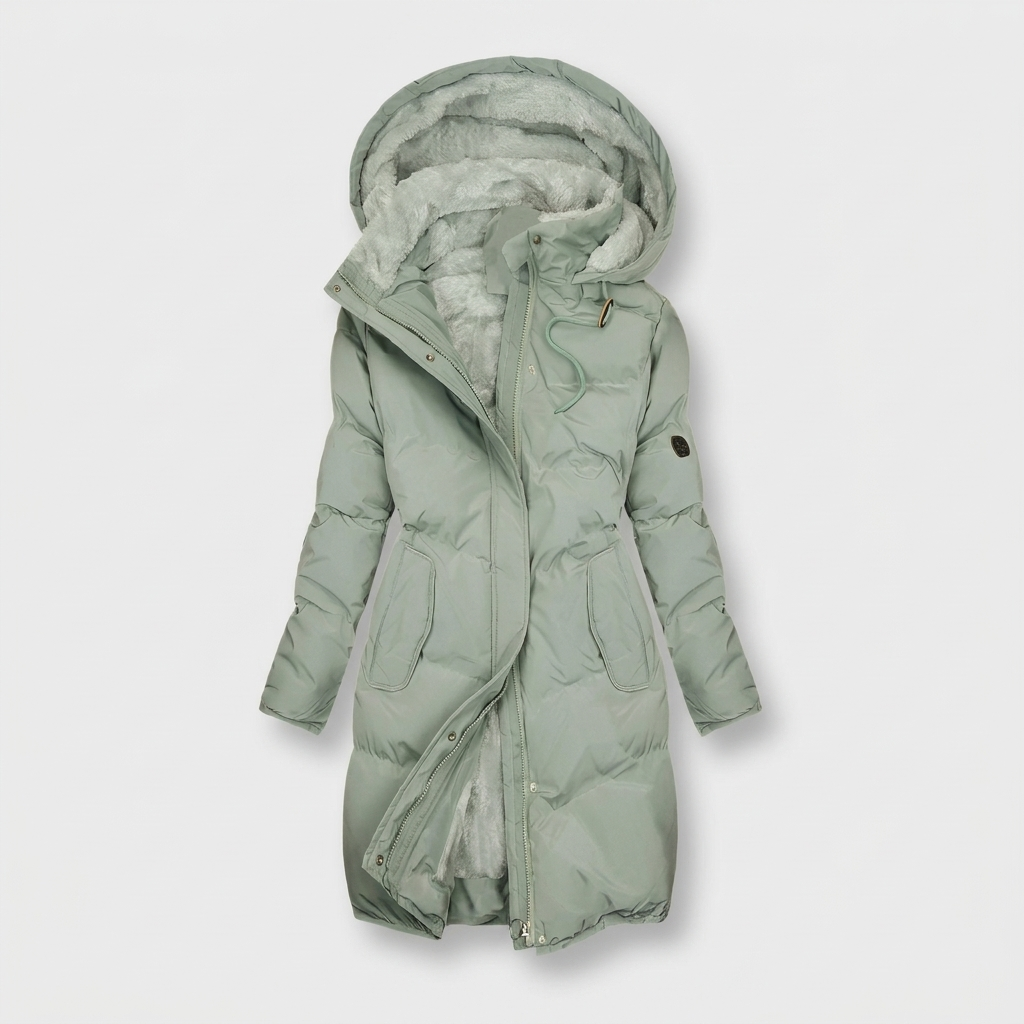 Green quilted hooded coat, longline winter cut, studio front view