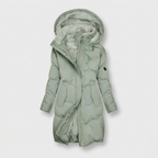 Green quilted hooded coat, longline winter cut, studio front view