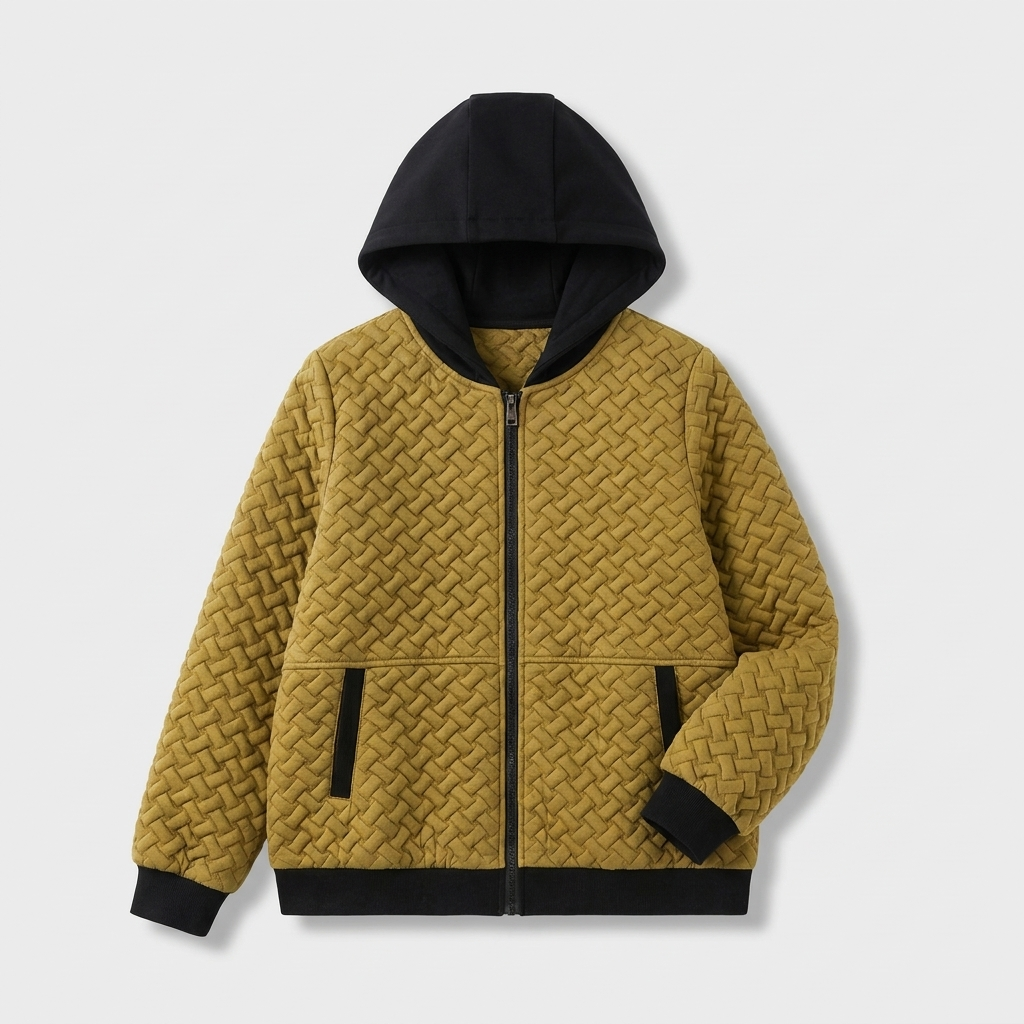 Amber quilted hoodie, basketweave zip-up padded, studio front view