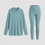 Teal ribbed lounge set, hooded two-piece, studio front view