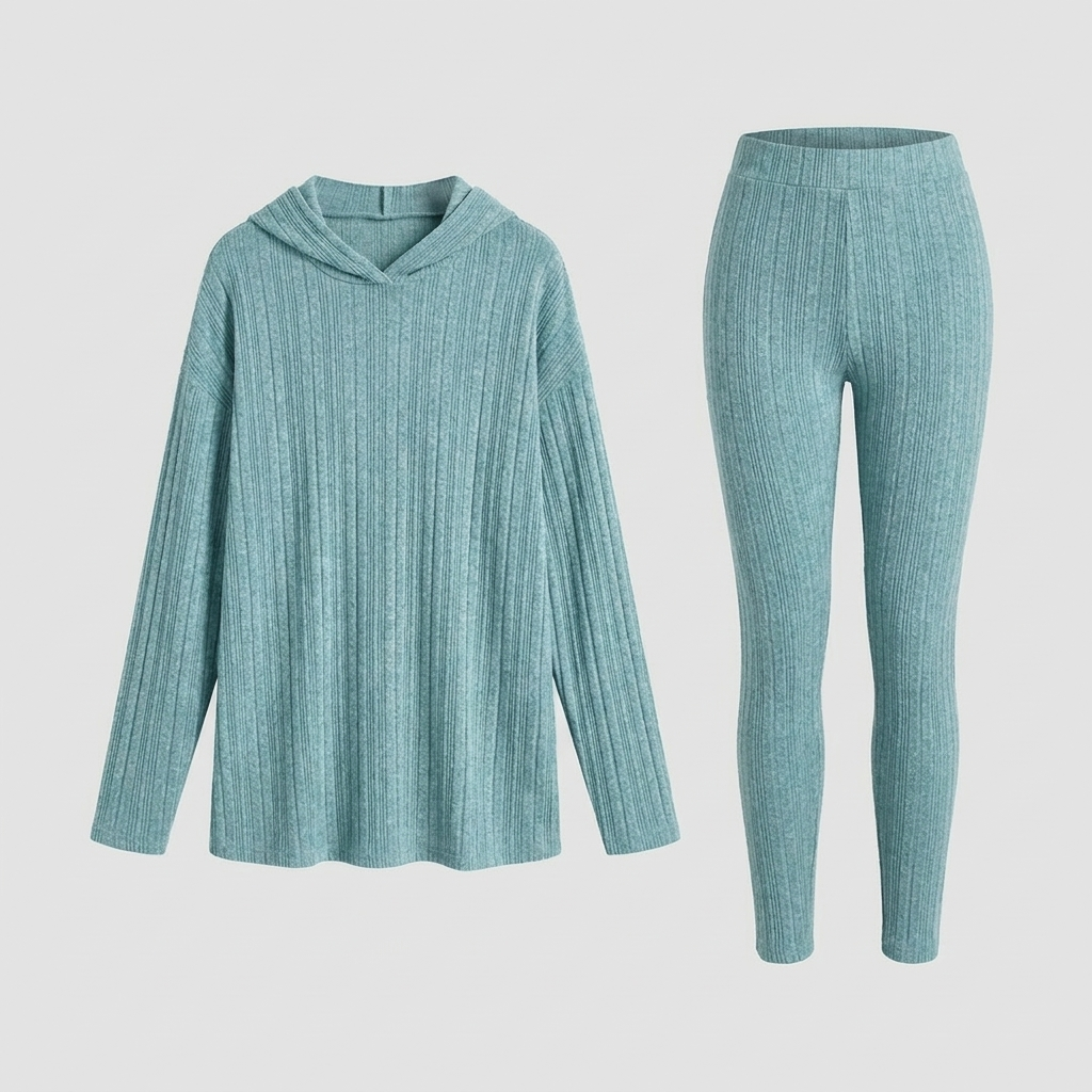 Teal ribbed lounge set, hooded two-piece, studio front view