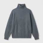 Slate Grey ribbed turtleneck sweater, textured geometric knit, studio front view