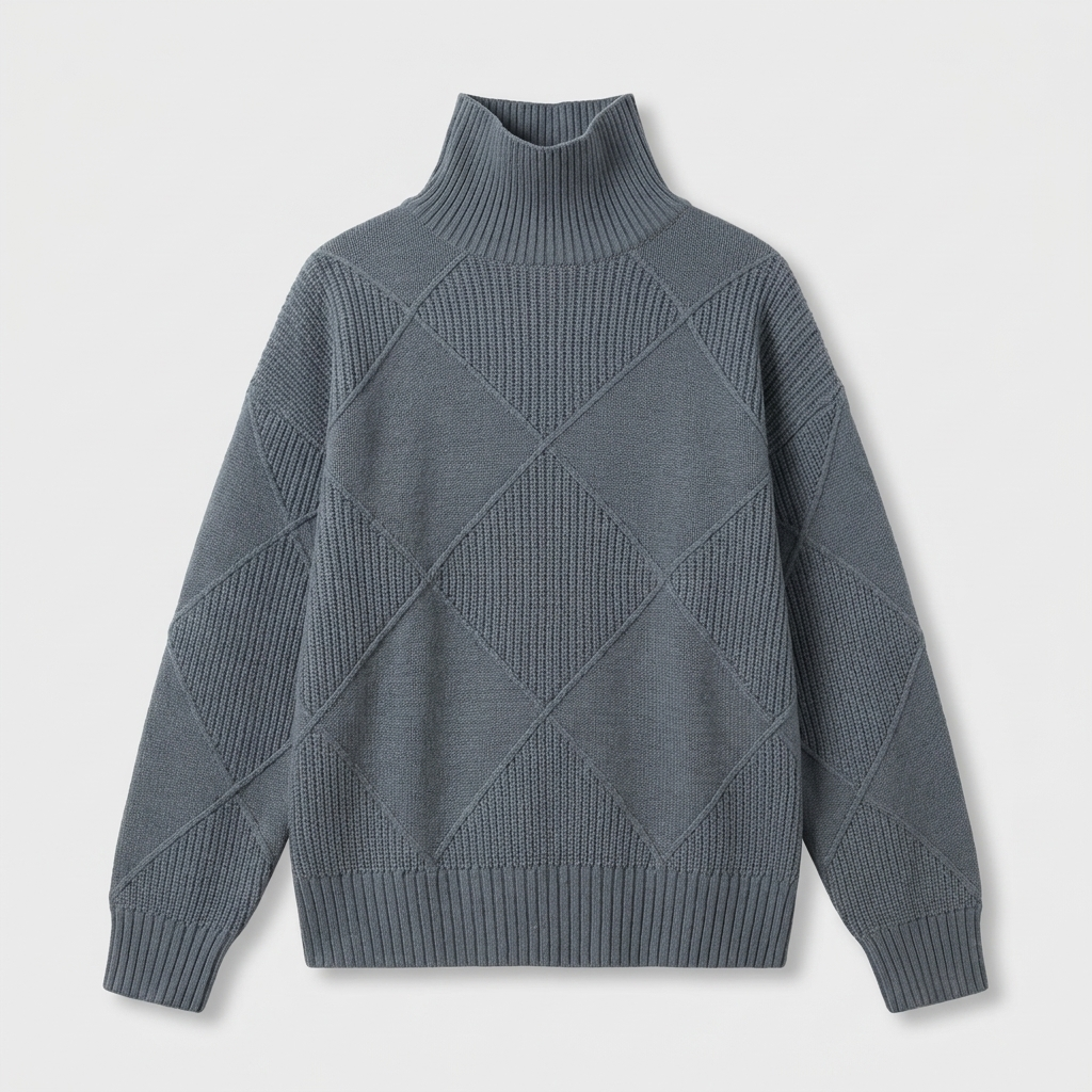 Slate Grey ribbed turtleneck sweater, textured geometric knit, studio front view