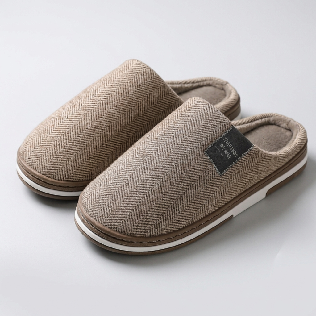 Brown slippers, soft lining and sturdy sole, studio front view