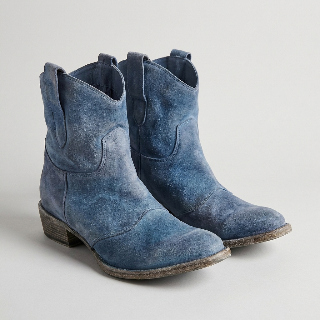 Blue western ankle boots with pointed toe and low block heel, studio side view