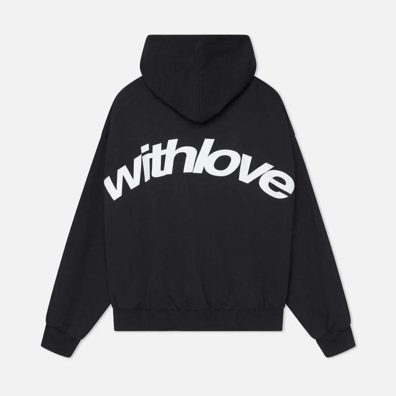 Black oversized hoodie with adjustable drawstring hood and front pocket, front view