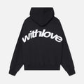 Black oversized hoodie with adjustable drawstring hood and front pocket, front view