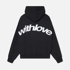 Black oversized hoodie with adjustable drawstring hood and front pocket, front view
