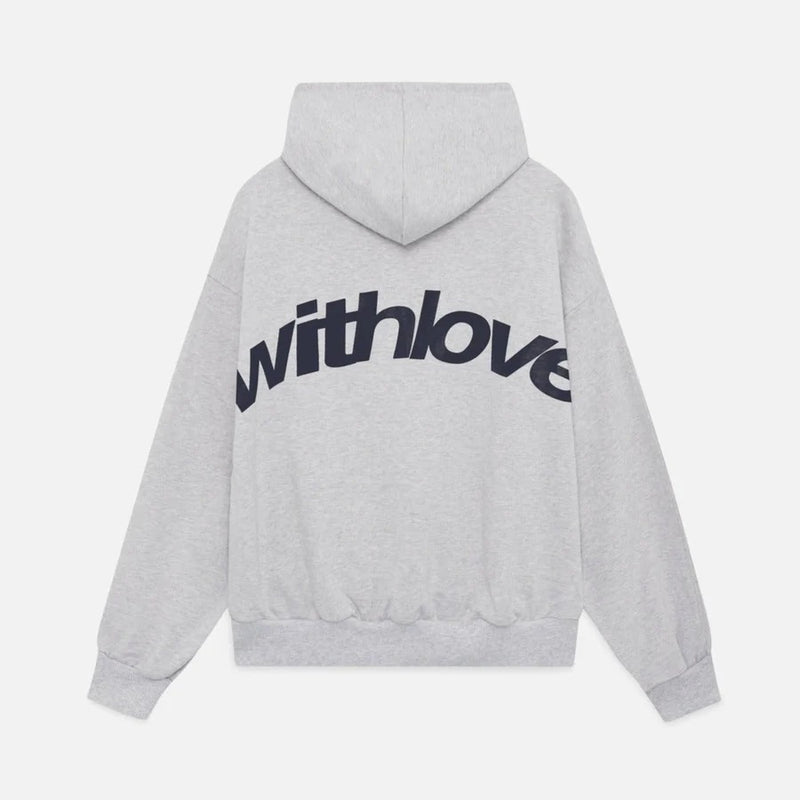 Gray oversized hoodie with adjustable drawstring hood and front pocket, front view