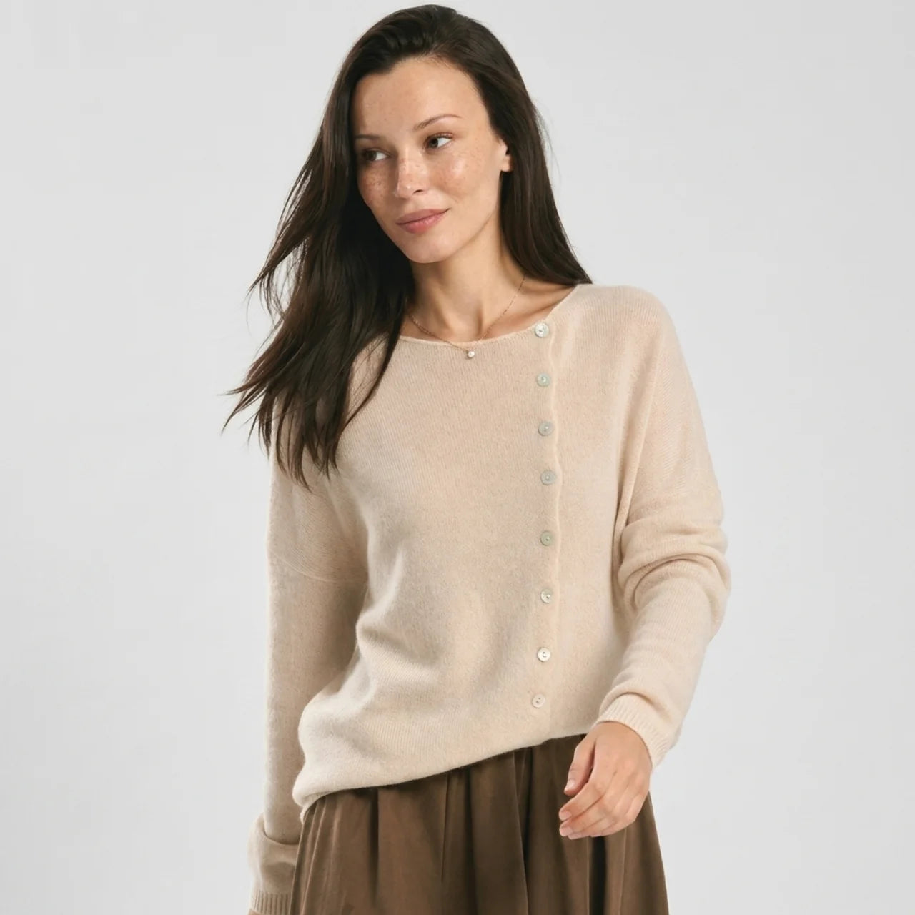 Asymmetric-Button Knit Sweater