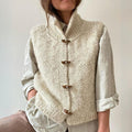 Beige structured sleeveless vest, clean minimal silhouette, front view