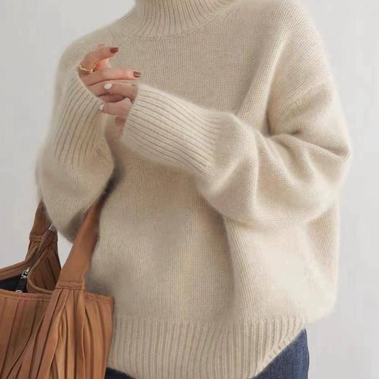 Soft knit turtleneck sweater fold-over neck detail