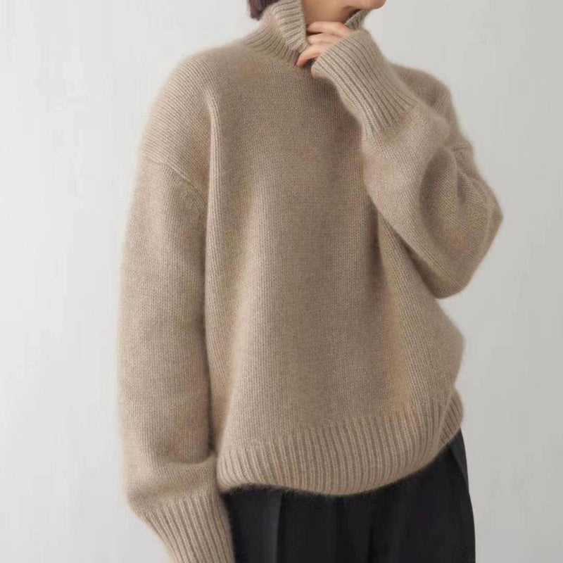 Khaki soft knit turtleneck sweater with loose fit, front view