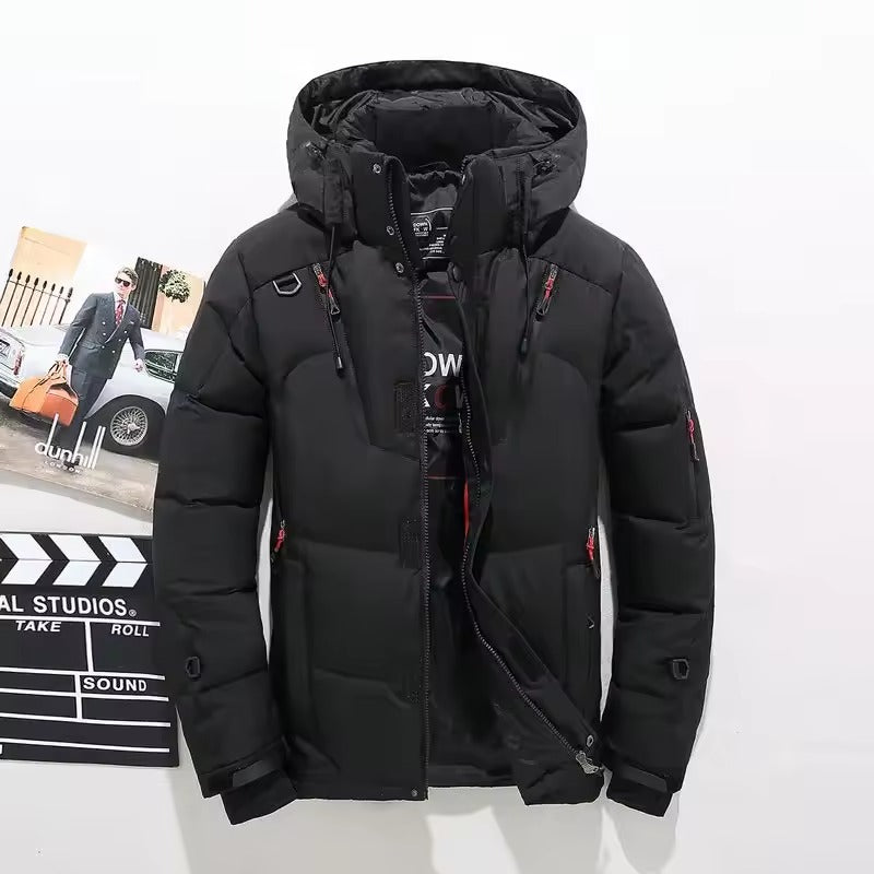 Insulated winter parka in black, waterproof windproof hooded shell, front view.