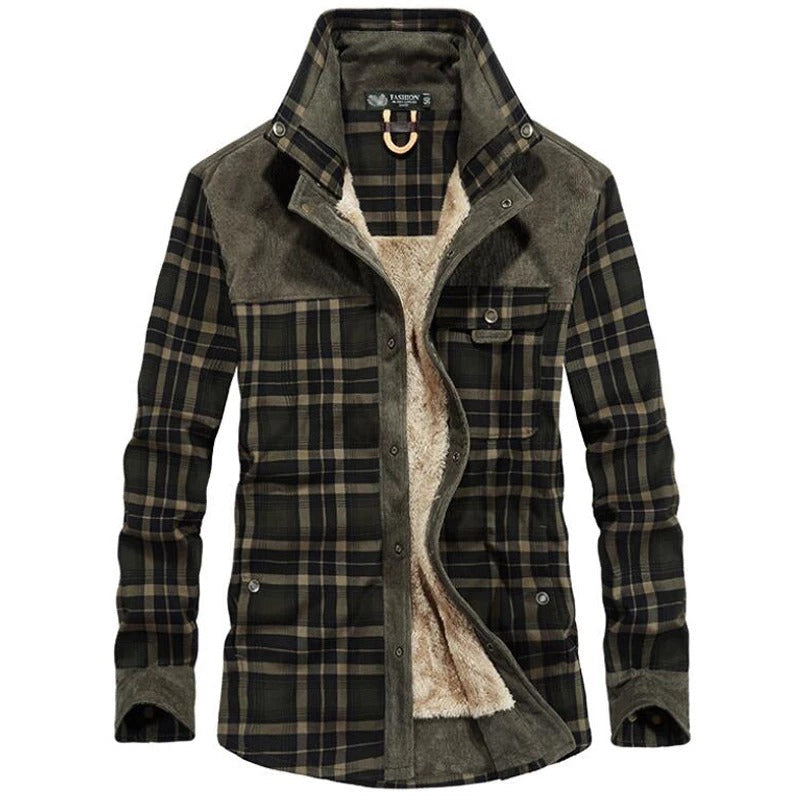 Plaid cotton jacket in light green check, second colourway, front view.