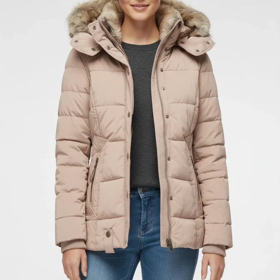 Fitted Fur-Hood Jacket Quilted Puffer
