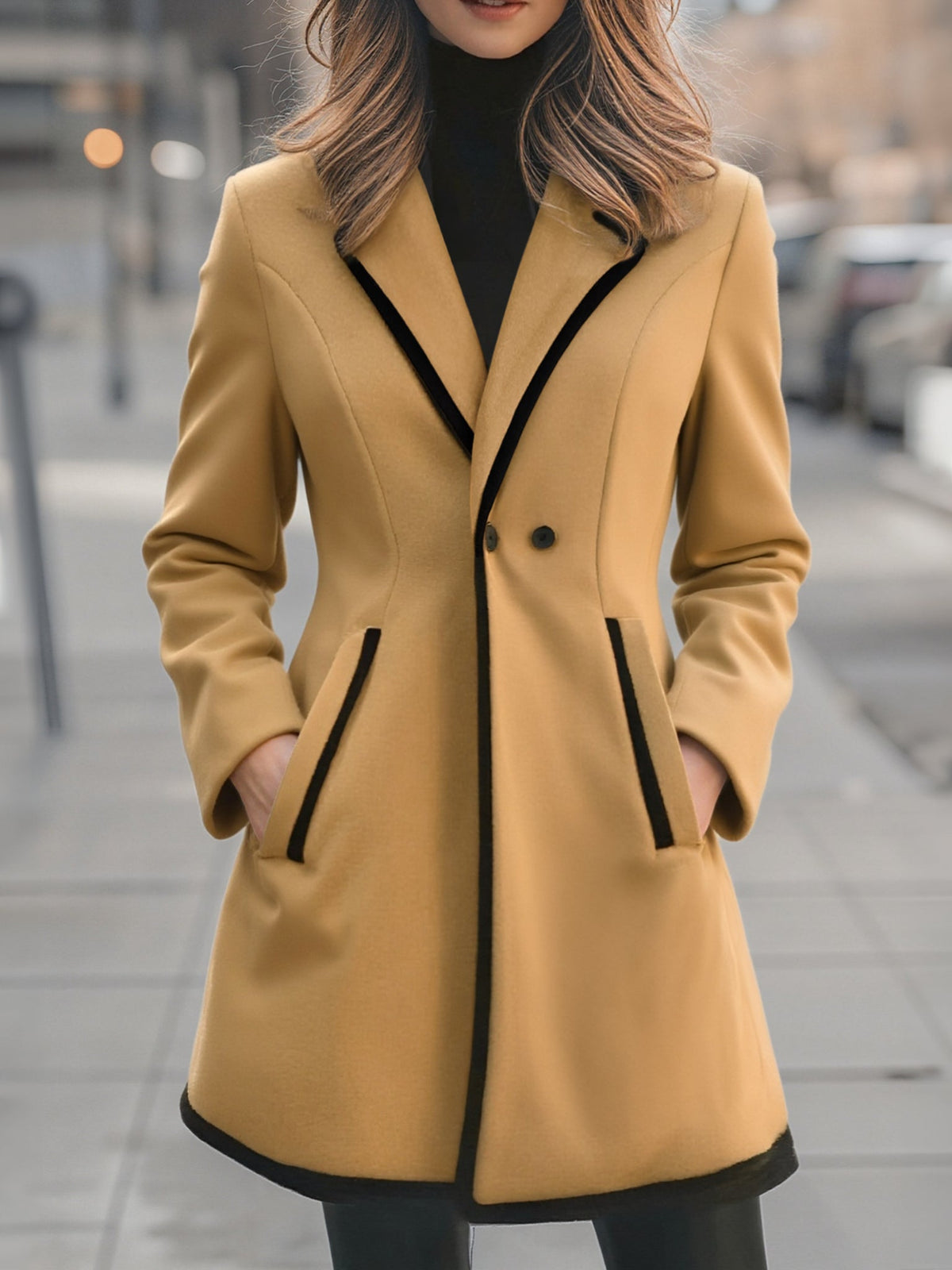 Double-breasted coat with contrast piping, full-length styled view