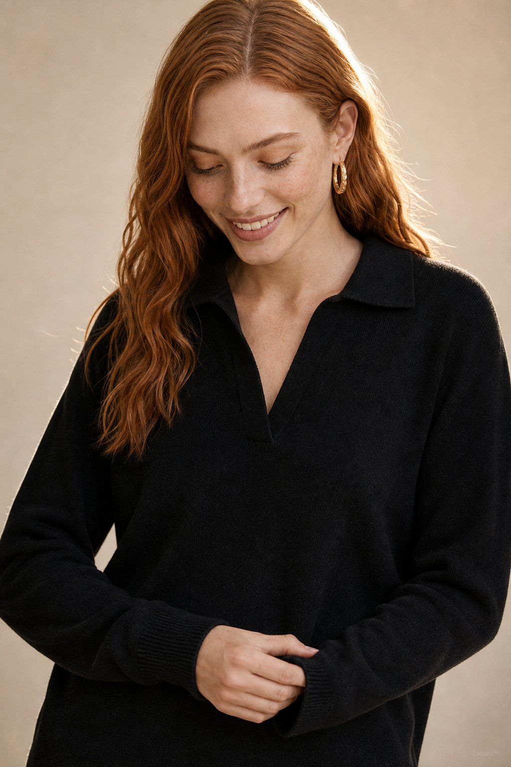 Black polo knit set, two-piece pullover and harem pants, front view