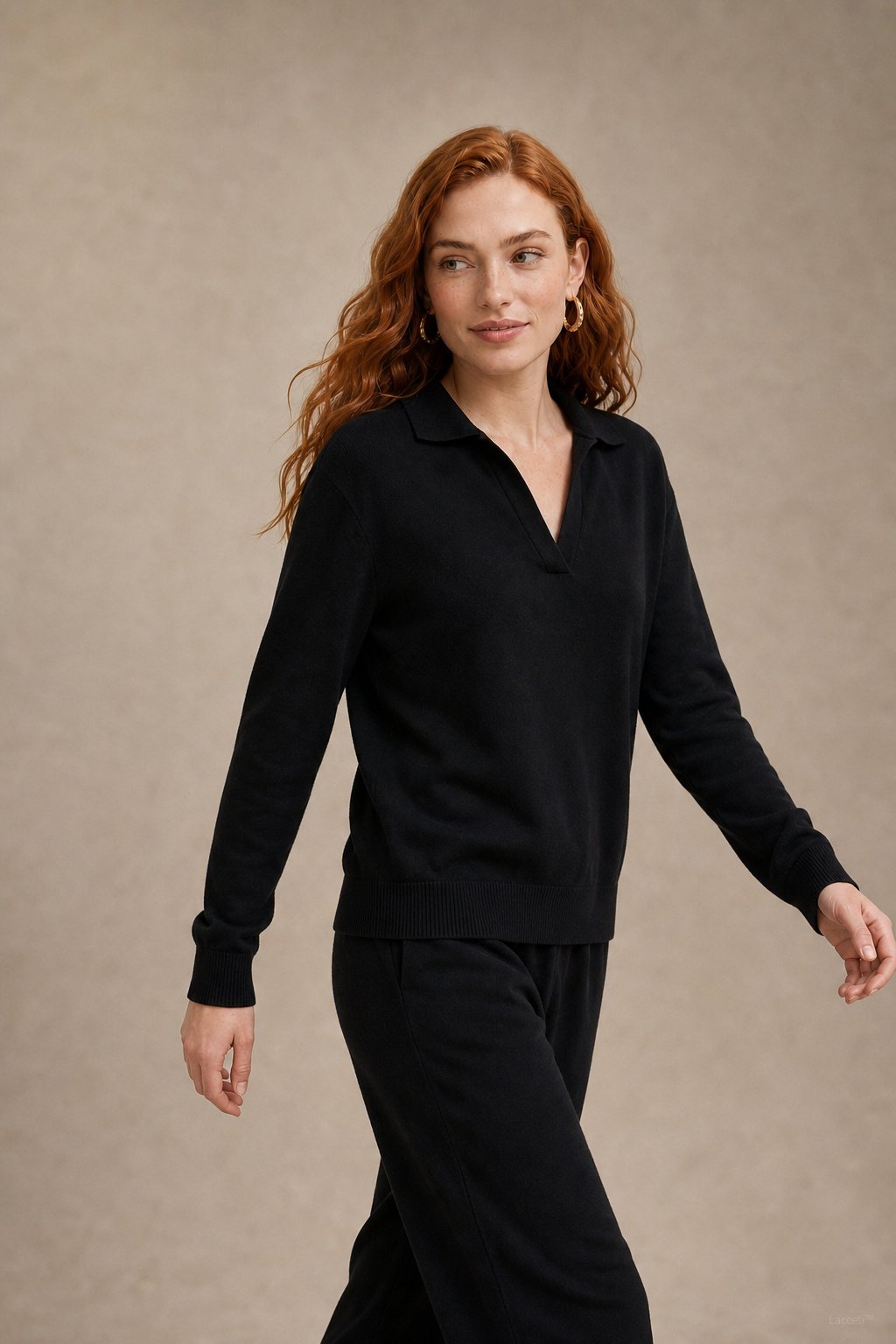 Polo knit set with soft knit pullover and high-waist harem pants, view 12