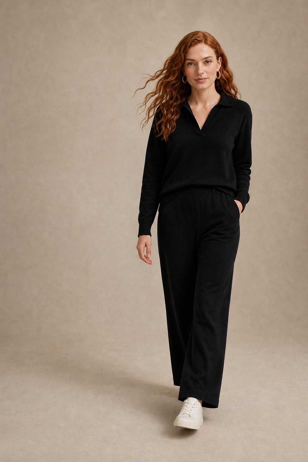 Polo knit set with soft knit pullover and high-waist harem pants, view 15