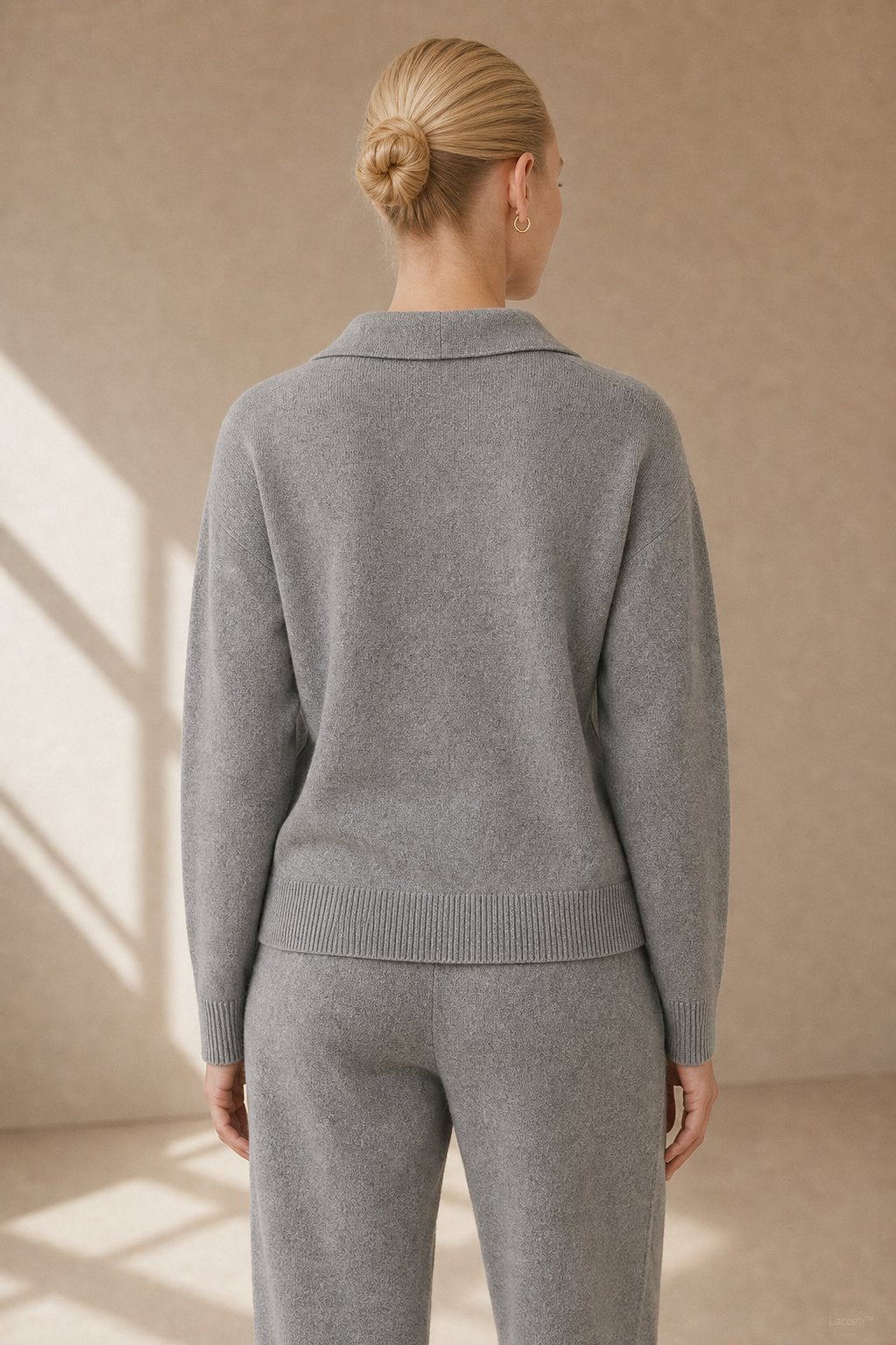 Polo knit set with soft knit pullover and high-waist harem pants, view 18